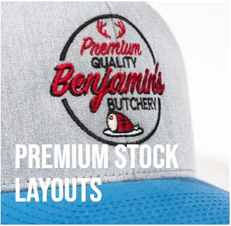 Premium Stock Layouts are designed for embroidery but are available in any of our decoration styles (Patches, FlexStyle®, etc.). Pricing and turnaround time varies based on decoration style.